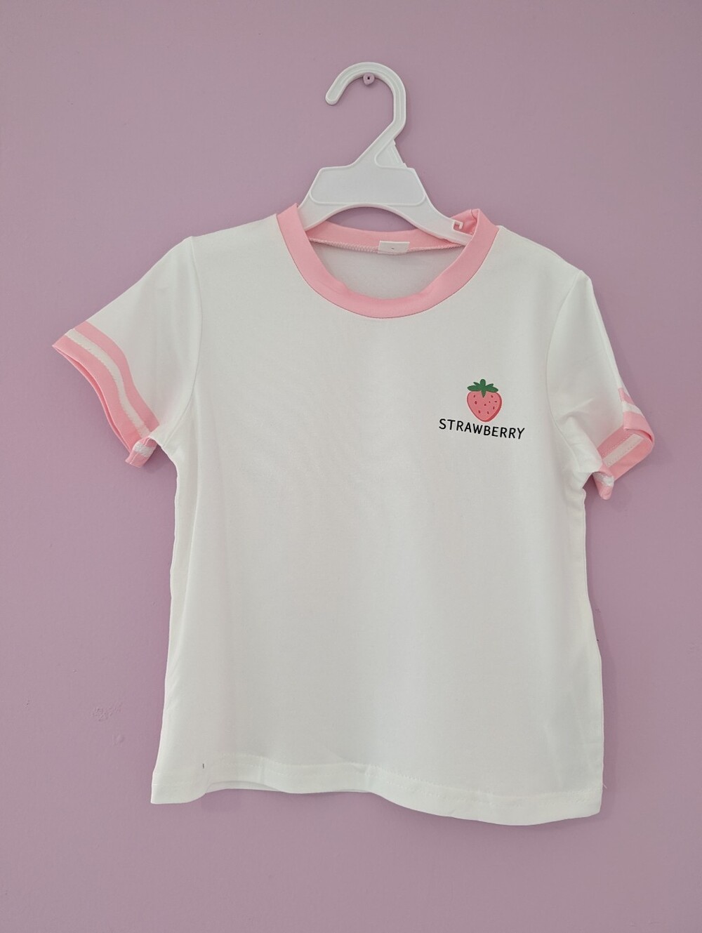 SHEIN White & Pink Strawberry Graphic Short Sleeve Tee